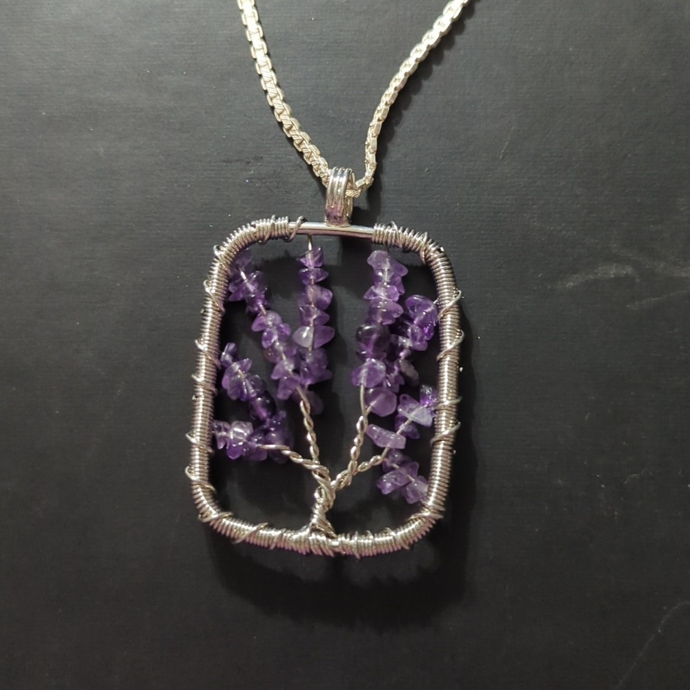Silver Tone Purple Amethyst Gemstone Chip Tree Of Life Pendant Statement Necklac